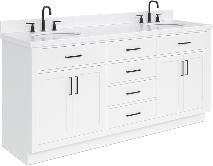 ARIEL Hepburn 72-inch Bathroom Vanity with Sink,Solid Wood, 1.5-inch Carrara White Quartz Countertop & Backsplash, Double Oval Porcelain Sink, 4 Soft Closing Doors, 6 Dovetail Drawers, White