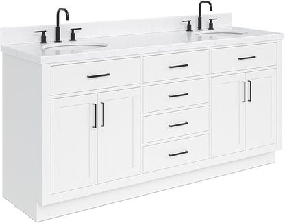 ARIEL Hepburn 72-inch Bathroom Vanity with Sink,Solid Wood, 1.5-inch Carrara White Quartz Countertop & Backsplash, Double Oval Porcelain Sink, 4 Soft Closing Doors, 6 Dovetail Drawers, White