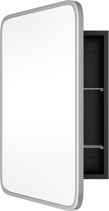 Vintage-Style Bathroom Wood Black Cabinet with 16.5''x24'' Brushed Nickel Metal Frame Curved Mirror, Recessed Medicine Cabinet, Bathroom Storage Cabinet