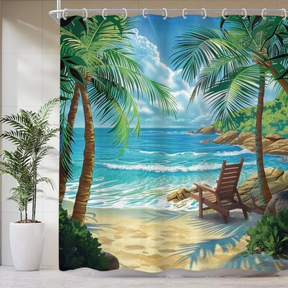 Ocean Coastal Nautical Beach Tropical Palm Tree Bathroom Shower Curtain Set