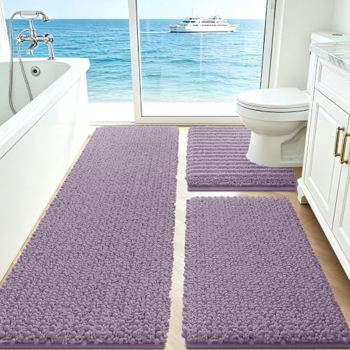 ACCUMTEK Upgrade Extra Large Lavender Bathroom Rug Set 3 Pieces Ultra Soft, Thick Absorbent Bath Mats, Non Slip Chenille Toilet Mat for Bathroom, Bedroom, Kitchen