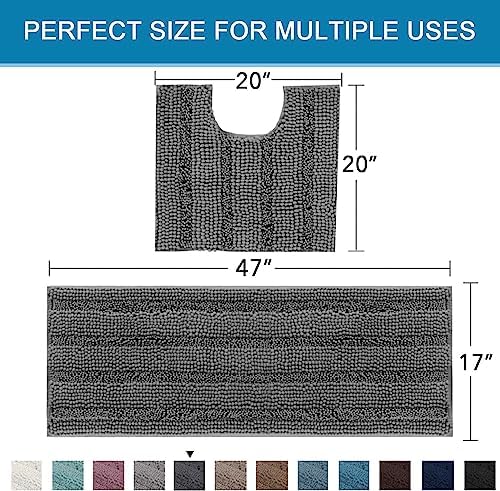 H.VERSAILTEX Bathroom Rugs Bath Rug Set 2 Piece Bathroom Contour Rug Toilet Mat Sets Non Slip Contour Bath Rug Ultra Thick Water Absorbent Striped Bath Mats Washable(47" x 17" Plus 20" x 20" U, Grey)