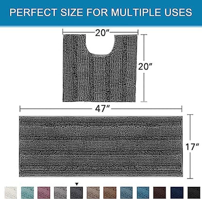 H.VERSAILTEX Bathroom Rugs Bath Rug Set 2 Piece Bathroom Contour Rug Toilet Mat Sets Non Slip Contour Bath Rug Ultra Thick Water Absorbent Striped Bath Mats Washable(47" x 17" Plus 20" x 20" U, Grey)