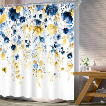 Blue Yellow Floral Watercolor Eucalyptus Leaf Bathroom Shower Curtain Set