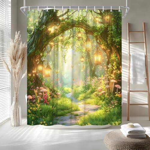 Fantasy Forest Path Shower Curtain Fairy Magical Enchanted Misty Jungle Mushroom Floral Tree Butterfly Lantern Spring Wonderland Bath Curtain Fabric Bathroom Accessories Decor with Hooks 70W x80L