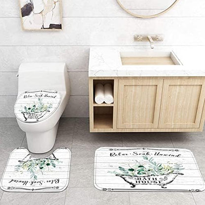 Nkzply 4 Pcs Farmhouse Shower Curtain Rustic Bathroom Sets with Shower Curtain and Rugs Floral Shower Curtain Set Green Leaves Bathroom Decor Vintage Bathroom Rugs Set Toilet Lid Cover Hooks