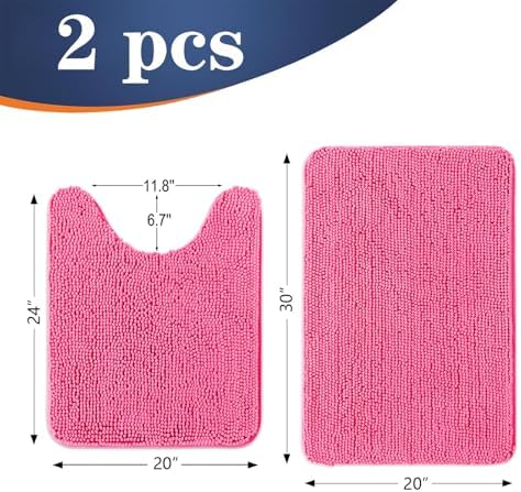 OLANLY Chenille Bathroom Rugs Mats Sets 2 Piece, 30"x20"+24"x20", Hot Pink