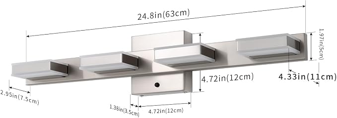 mirrea 24" 4 Light 3CCT LED Brushed Nickel Bathroom Vanity Light Fixture | Over Mirror,Bathroom lighting,3000K/4000K/5000K ,Dimmable,Rust-resistant,Moisture-resistant,Acrylic shade,Wall Mount