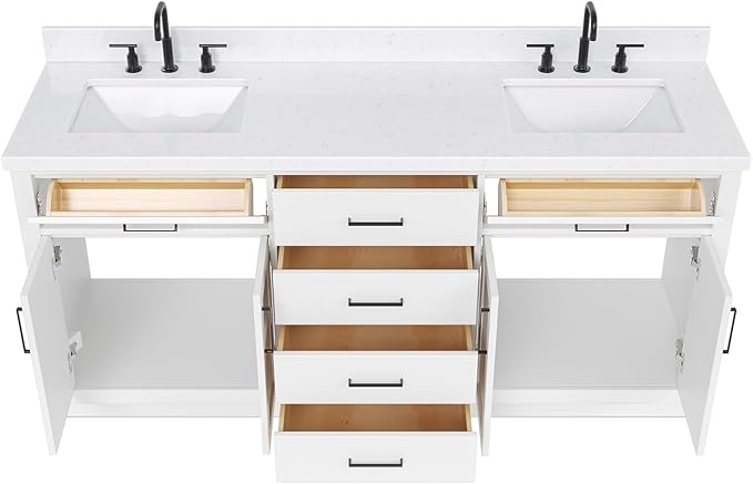 DKB Isabella 72 Inch Bathroom Vanity Double Sink — White Bathroom Vanity with Sink, 1.5" Edge Carrara White Quartz Countertop & Backsplash, 4 Soft-Close Doors, 4 Dovetail Drawers, and 2 Tilt Drawers