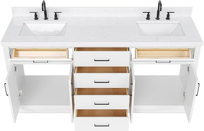 DKB Isabella 72 Inch Bathroom Vanity Double Sink — White Bathroom Vanity with Sink, 1.5" Edge Carrara White Quartz Countertop & Backsplash, 4 Soft-Close Doors, 4 Dovetail Drawers, and 2 Tilt Drawers