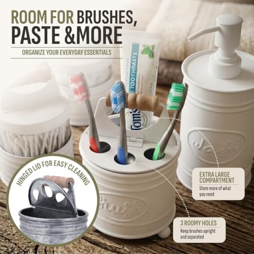 Autumn Alley White Bathroom Accessories Set 4 - Farmhouse Soap Dispenser, Toothbrush Holder, 2 Apothecary Jars Qtip Holder - White Bathroom Decor – Rustic Farmhouse Bathroom Accessories