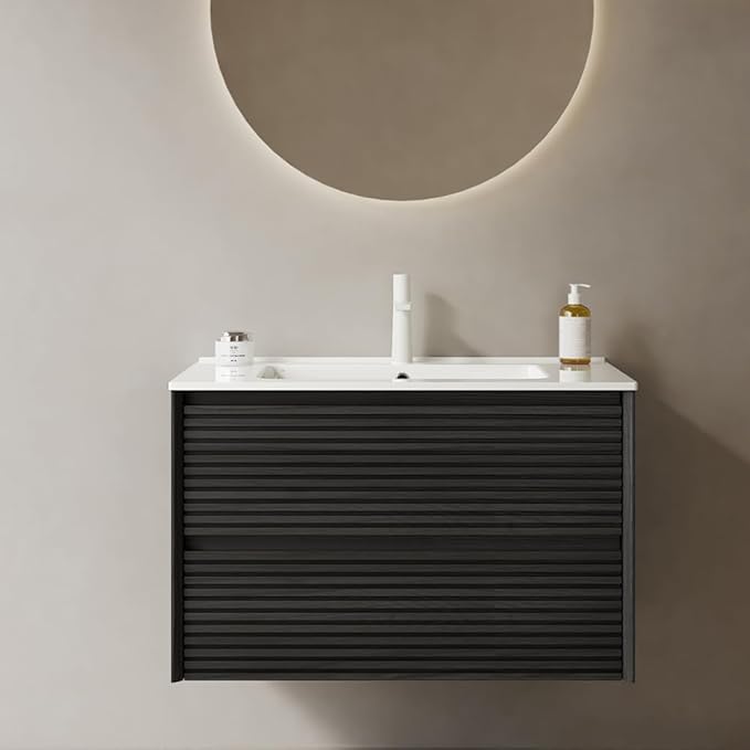 30" Floating Bathroom Vanity with Sink, Wall Mounted Modern Bathroom Cabinet with 2 Soft Close Drawers, Oak & Plywood, Pre-Assembled with Integrated Ceramic Basin – Sedona, Dark Oak