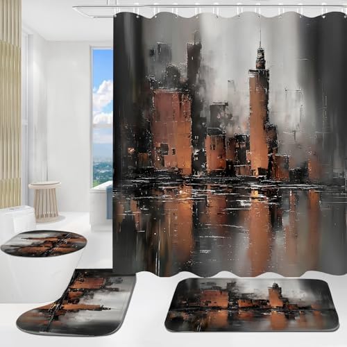 Yddsky 4 Pcs Brown Abstract Shower Curtain Set with Rugs Bathroom Set
