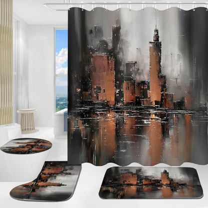 Yddsky 4 Pcs Brown Abstract Shower Curtain Set with Rugs Bathroom Set