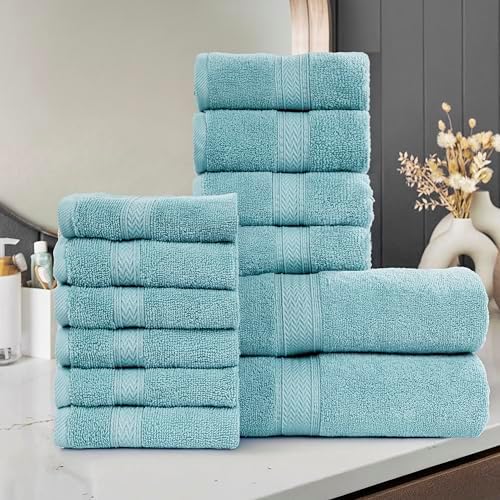 HILLFAIR Premium 100% Combed Cotton 12 Piece Bath Towels Set - Ocean Blue