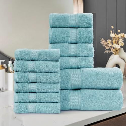 HILLFAIR Premium 100% Combed Cotton 12 Piece Bath Towels Set - Ocean Blue