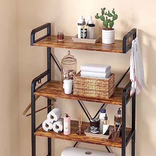 Huhote Over The Toilet Storage Rack with 3-Tier Bathroom Shelves, Space Saver Toilet Shelf, Bathroom Storage Organizer with Hooks for Over Toilet Storage and Shelf (Rustic Brown)
