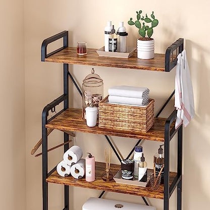 Huhote Over The Toilet Storage Rack with 3-Tier Bathroom Shelves, Space Saver Toilet Shelf, Bathroom Storage Organizer with Hooks for Over Toilet Storage and Shelf (Rustic Brown)