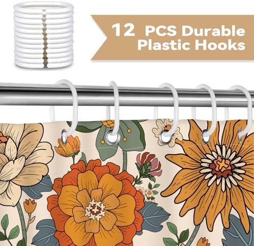 Orange Boho Floral Shower Curtain for Bathroom 72 x 72 inch
