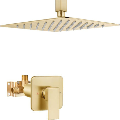 Heyalan 10-Inch Ceiling Mount Shower Faucet Set with Valve, Brushed Gold | Rainfall shower head, ceiling-mount design, SUS304 steel, adjustable angle, single-handle control