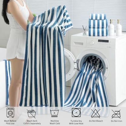 18 Pcs Navy Stripe Bath Towel Set with Hanging Loop-6 Bath Towels,6 Hand Towels,6 Washcloths Soft Family Towels Set Bathroom Towel Highly Absorbent Quick Dry Shower Towel for Beach Spa Gym Hotel