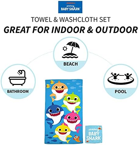 Franco Baby Shark Kids Bath/Pool/Beach Soft Absorbent Cotton Terry Towel with Washcloth 2 Piece Set, 50 in x 25 in