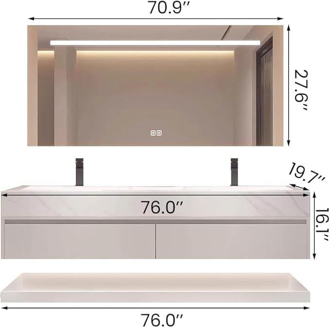 76" Double Sink Modern Bathroom Vanity Set with LED Mirror, Seamless Design with Ceramic Sink & Quartz Countertop, Paint-Free Multi-Layer Solid Wood Cabinet, Soft-Close Doors, White‌