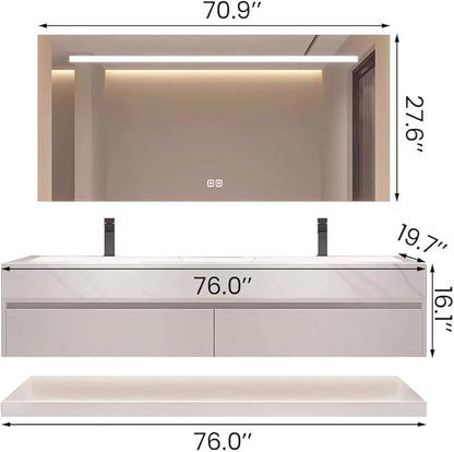76" Double Sink Modern Bathroom Vanity Set with LED Mirror, Seamless Design with Ceramic Sink & Quartz Countertop, Paint-Free Multi-Layer Solid Wood Cabinet, Soft-Close Doors, White‌