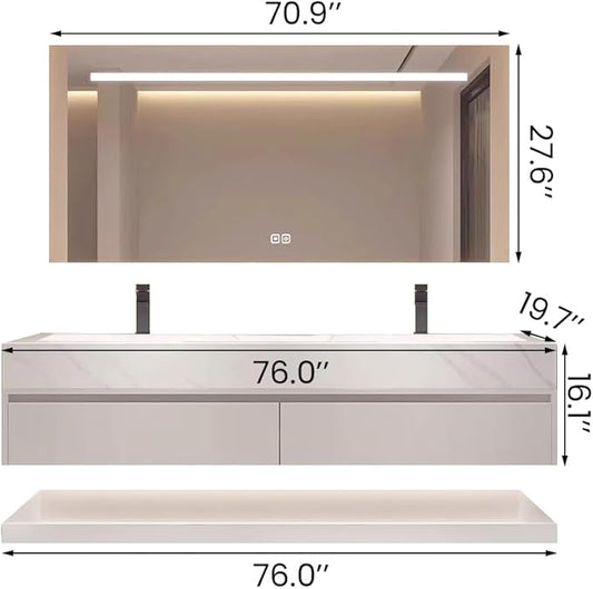 76" Double Sink Modern Bathroom Vanity Set with LED Mirror, Seamless Design with Ceramic Sink & Quartz Countertop, Paint-Free Multi-Layer Solid Wood Cabinet, Soft-Close Doors, White‌