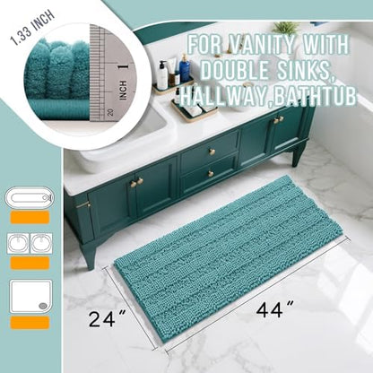 Yimobra Bathroom Rug Mat 44 x 24, Non Slip and Super Absorbent Bath Mat,Machine Washable Quick Dry,Ultra Plush Chenille Shower Rugs for Bathroom Floor Sink Tub and Shower Outside,Teal Blue
