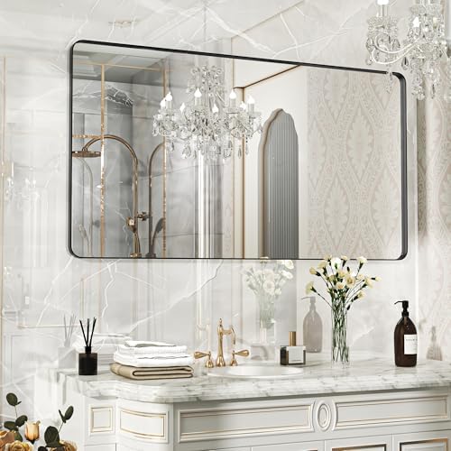 Black Bathroom Mirror 50x30 Inch, Wall Mounted Vanity Mirror with Metal Frame, Tempered Glass, Large Modern Farmhouse Wall Mirror for Bathroom, Horizontal or Vertical Hanging