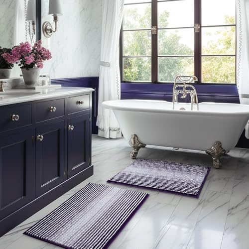 BSICPRO Bathroom Rugs Sets 2 Piece, Non Slip Striped Bath Mats, Mauve Wine