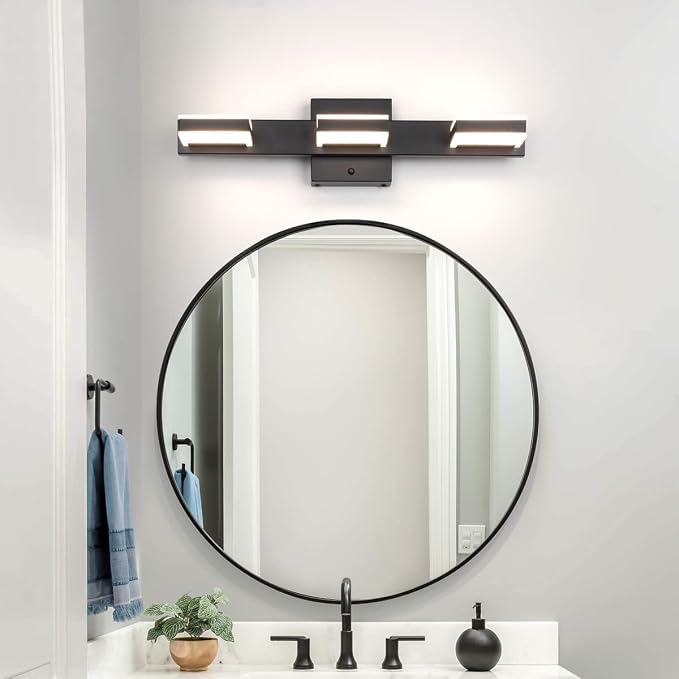 mirrea 20" 3 Light 3CCT LED Black Bathroom Vanity Light Fixture | Over Mirror,Bathroom Lighting,3000K/4000K/5000K ,Dimmable,Rust-resistant,Moisture-resistant,Acrylic shade,Wall Mount