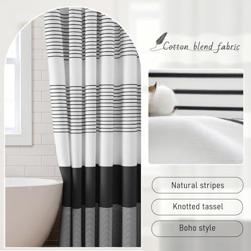 Black Boho Cotton Striped Shower Curtain with Tassel 72" W X 72" L