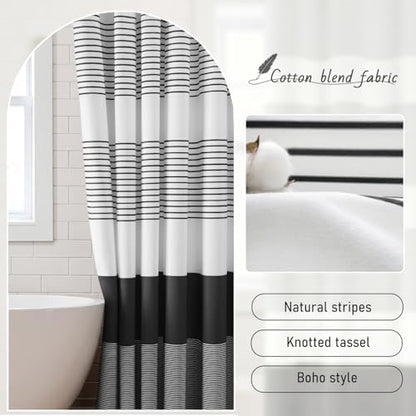 Black Boho Cotton Striped Shower Curtain with Tassel 72" W X 72" L