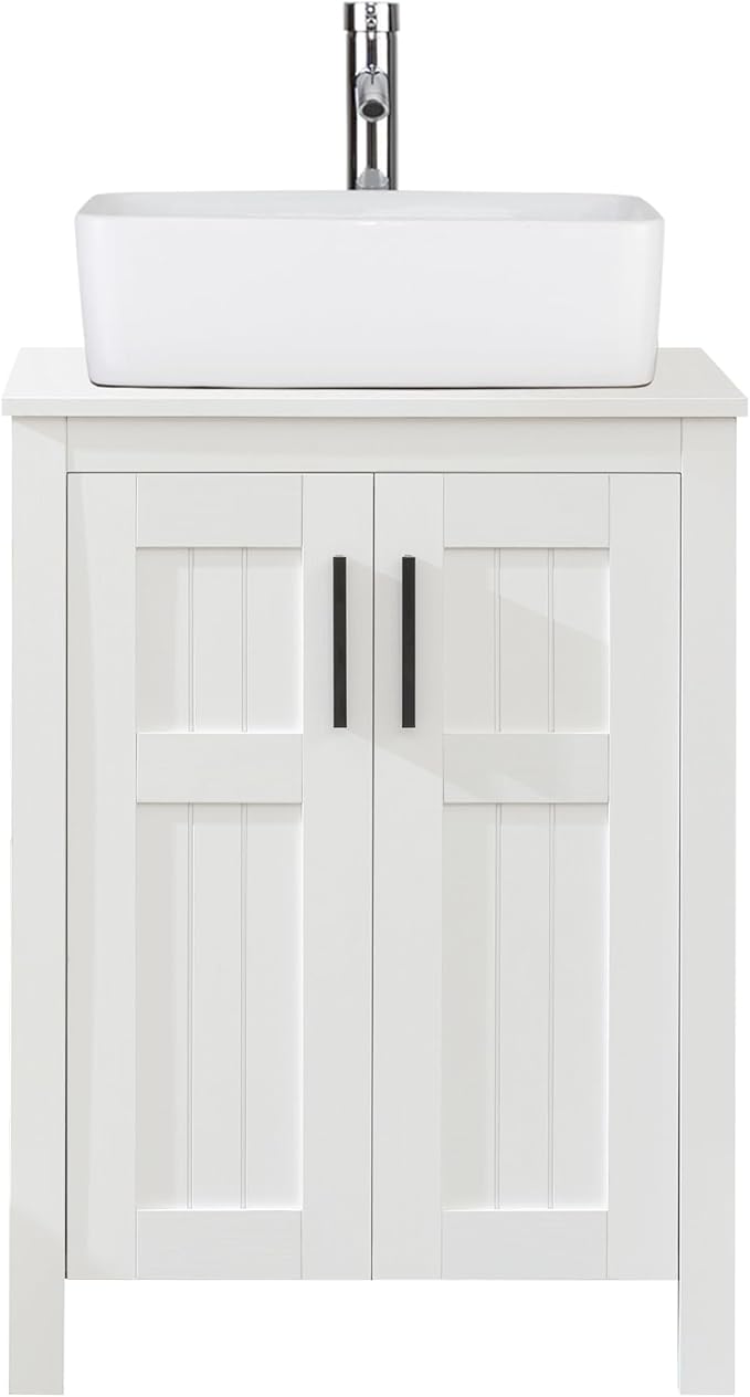UEV White 24" Bathroom Vanity with Sink Combo, Modern Rectangle Ceramic Vessel Sink, Grooved Doors & Metal Handles