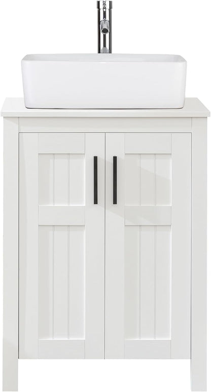 UEV White 24" Bathroom Vanity with Sink Combo, Modern Rectangle Ceramic Vessel Sink, Grooved Doors & Metal Handles