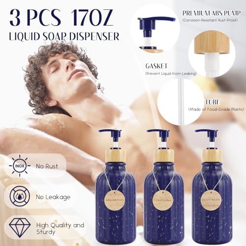 XLHOMO Navy Blue Bathroom Accessories Set 17PCS Bathroom Set with Trash Can 3PCS Lotion Soap Dispenser, Toothbrush Holder,6PCS Wood Tags Bath Accessories with Tray for Kitchen Bathroom