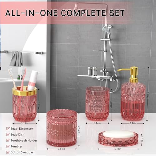 New Pink Glass Bathroom Accessories Set 5 Pcs, Pink Bathroom Set, Soap Dispenser and Toothbrush Holder Set, Qtip Holder Set, Vintage Bathroom Sink Set, Cute Bathroom Decor