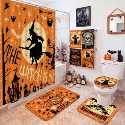 FuWeave 8 Pcs Christmas Shower Curtain Set Xmas Santa Bathroom Decoration Christmas Tree Hand Towels Snowman Toilet Lid Cover Bathroom Rugs Xmas Shower Curtain with Hooks(Witch)