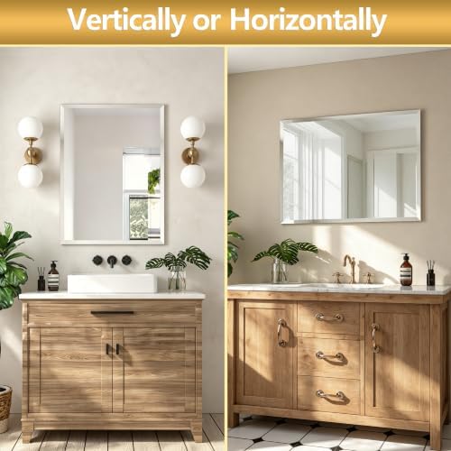 22" x 30" Frameless Bathroom Mirror, Large Rectangle Wall Mirror, Tempered Glass with Polished Edge, Horizontal/Vertical Hanging for Bathroom Vanity, Bedroom