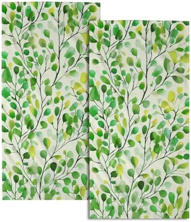 Boho Green Leaves Hand Towels 14x28 Inch 2Pcs Set Cute Botanic Leaf Floral Polyester Soft Fingertip Tea Towel Absorbent Dish Cloth for Bathroom Kitchen Hotel Spa Home Decor