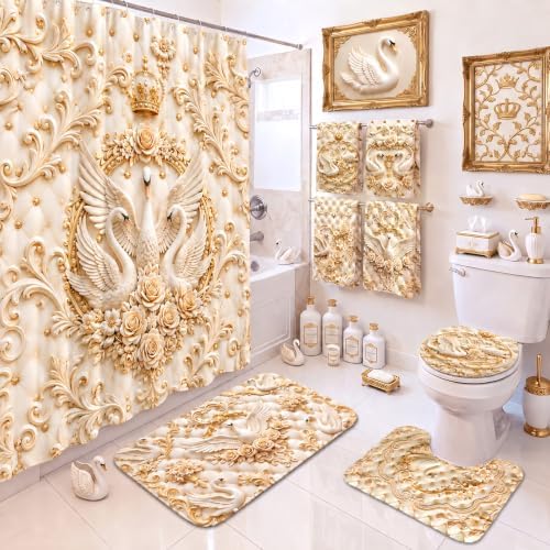 FuWeave 8 Pcs Gold Crown Swan Shower Curtain Set for Bathroom Include 3D Luxury Floral Swan Relief Pearl Shower Curtain Towels Non Slip Rugs Toilet Lid Cover Bath Mat and 12 Hooks for Bathroom Decor