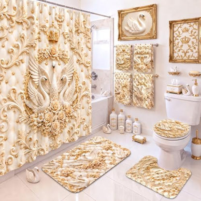 FuWeave 8 Pcs Gold Crown Swan Shower Curtain Set for Bathroom Include 3D Luxury Floral Swan Relief Pearl Shower Curtain Towels Non Slip Rugs Toilet Lid Cover Bath Mat and 12 Hooks for Bathroom Decor