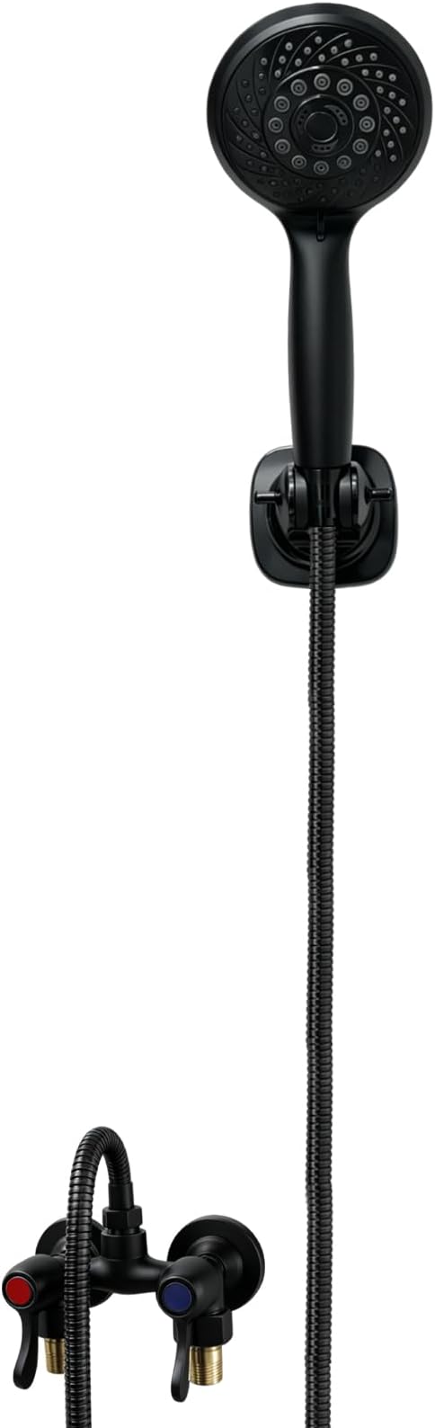 Outdoor Shower Kit Fixture Dual Handle Solid Brass 4 Inch Center Mix Valve with 59 Inch Hose and Showerhead Outdoor Shower System with ABS 6 Spray Mode Handheld Matte Black