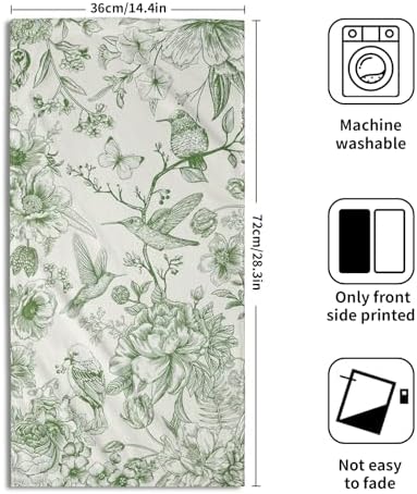 Chinoiserie Green Flowers Hand Towels Set of 2, Absorbent Spring Vintage Floral Birds Decorative Dish Towel Tea Towels for Farmhouse Bathroom Kitchen Cleaning and Decor