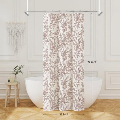 Burgundy Boho Linen Fabric Shower Curtain ,Farmhouse Floral For Bathroom