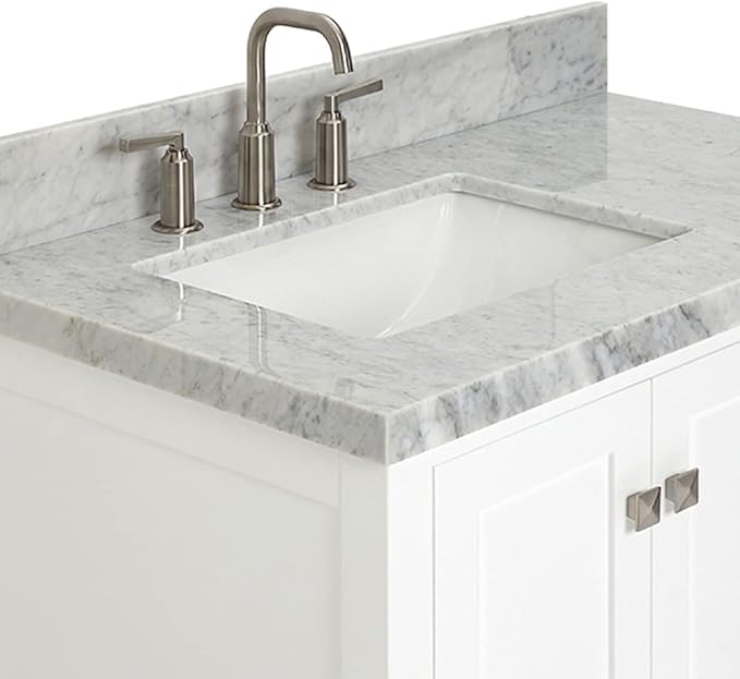 ARIEL Cambridge 36-inch Bathroom Vanity with Sink,Solid Wood, 1.5-inch Italian Carrara Marble Countertop, Single Rectangular Porcelain Sink, 2 Soft Closing Doors, 5 Dovetail Drawers, White