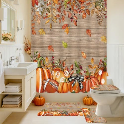 MEHOFOND Fall Shower Curtain Set 4-Piece Pumpkin Wood Bathroom Set