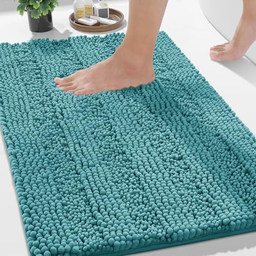 Yimobra Bathroom Rug Mat 36 x 24, Non Slip and Super Absorbent Bath Mat,Machine Washable Quick Dry,Ultra Plush Chenille Shower Rugs for Bathroom Floor Sink Tub and Shower Outside,Teal Blue